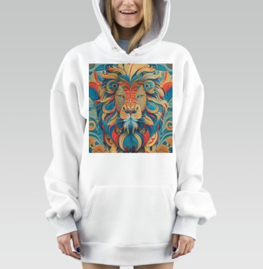 Яркий Лев с украшенной гривой красного синего цвета летом, Hoodie Mjhigh Dig, оверсайз, утепленная