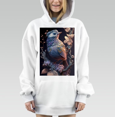 Изящная птица с золотыми деталями на ветке с листьями и ягодами, Hoodie Mjhigh Dig, оверсайз, утепленная