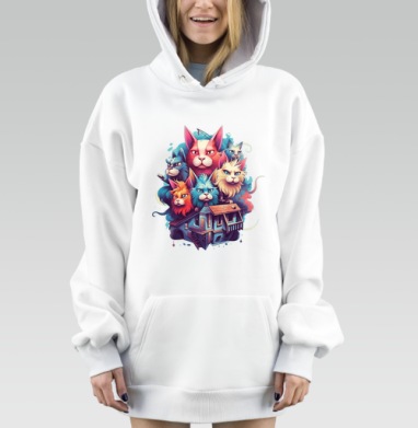 Большие цветные головы кошек над домом большую часть, Hoodie Mjhigh Dig, оверсайз, утепленная