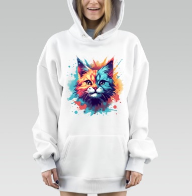Яркий кот с контрастным лицом в абстрактных цветах, Hoodie Mjhigh Dig, оверсайз, утепленная
