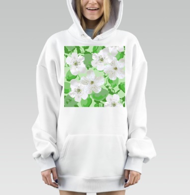 Весенние белые цветы на зеленом фоне на подушку, Hoodie Mjhigh Dig, оверсайз, утепленная