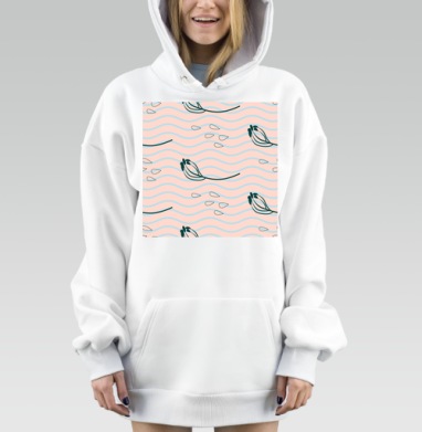 Пастельные волны и темно зеленые цветы на розовом фоне, Hoodie Mjhigh Dig, оверсайз, утепленная