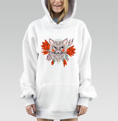 Серая кошка в красных пионах и розах с листьями, Hoodie Mjhigh Dig, оверсайз, утепленная