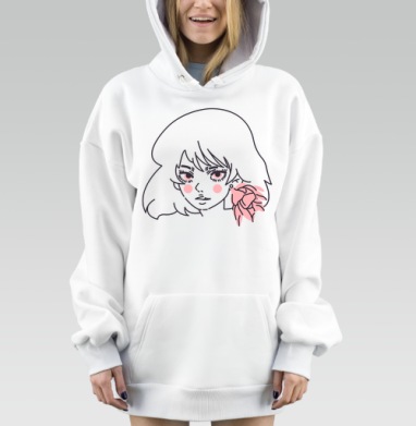 Девушка с цветком серьгой нежной розовой среди черных волос, Hoodie Mjhigh Dig, оверсайз, утепленная
