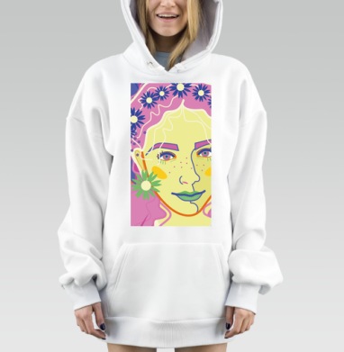 Яркий портрет девушки в цветочном венке и серьгах крупным планом, Hoodie Mjhigh Dig, оверсайз, утепленная