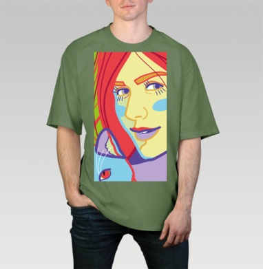 Женское лицо с котом в ярких цветах на фоне, Футболка мужская оверсайз оливковая