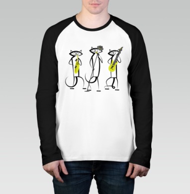 Коты играют джаз на музыкальных инструментах веселое выступление, Футболка длинный рукав / Мужчинам / Реглан / Принт