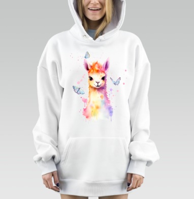 Нежная лама с бабочками в пастельных нежных тонах, Hoodie Mjhigh Dig, оверсайз, утепленная