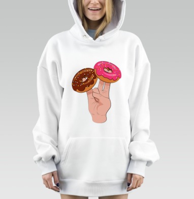 Рука с пончиками на пальцах как украшения держит пончики на пальцах, Hoodie Mjhigh Dig, оверсайз, утепленная