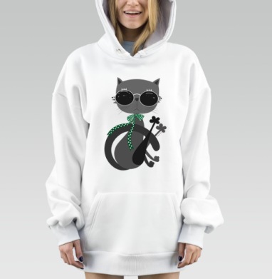Стильный серый кот с зелёным бантом сидит уверенно, Hoodie Mjhigh Dig, оверсайз, утепленная