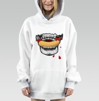 Зубастый череп с хотдогом в зубах жадность агрессия удовольствие, Hoodie Mjhigh Dig, оверсайз, утепленная