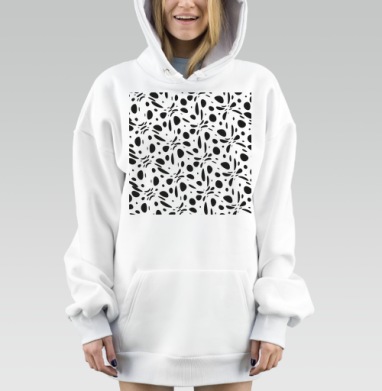 Чёрные капли на светло сером фоне узор для одежды, Hoodie Mjhigh Dig, оверсайз, утепленная