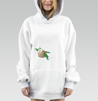 Белый цветок зелёные листья коричневый мешочек, Hoodie Mjhigh Dig, оверсайз, утепленная
