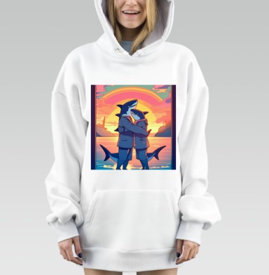 акулы обнимаются на закате нежность единение теплота, Hoodie Mjhigh Dig, оверсайз, утепленная