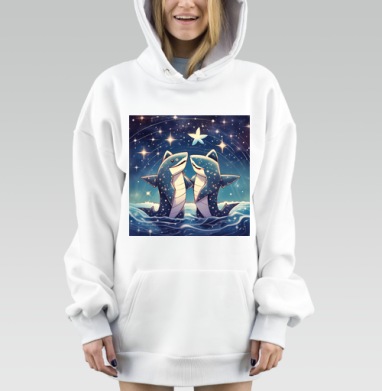 Две синие акулы на фоне ночного неба стоящих в воде, Hoodie Mjhigh Dig, оверсайз, утепленная