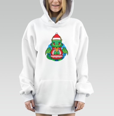 Милый зелёный дракон с подарком в зимней шапке, Hoodie Mjhigh Dig, оверсайз, утепленная