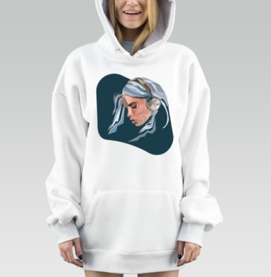 Девушка слушает музыку в наушниках на темном фоне, Hoodie Mjhigh Dig, оверсайз, утепленная