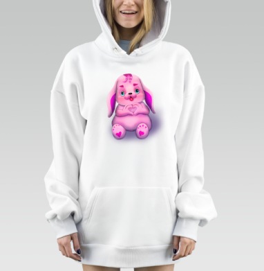 Розовый зайчик с сердечком ласковое символы любви, Hoodie Mjhigh Dig, оверсайз, утепленная