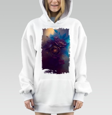 Темные цветы с золотым свечением эффектно играют светом, Hoodie Mjhigh Dig, оверсайз, утепленная