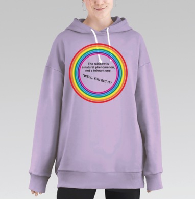 Яркие кольцевые радужные полосы с ироничной надписью нательно, Hoodie Long Oversize Fiolet