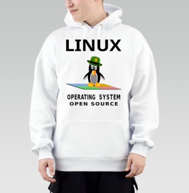 Пингвин в зеленой шляпе на фоне Linux операционная система open source - Магазин футболок Wladimir. Дизайнерские принты.