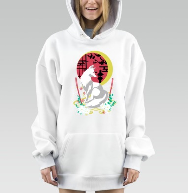 Белая Лиса с Катаной и Японским Садом в Вечернем Свете, Hoodie Mjhigh Dig, оверсайз, утепленная