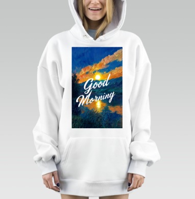 Восход солнца озеро с природой и надписью, Hoodie Mjhigh Dig, оверсайз, утепленная