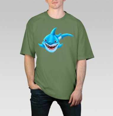 Жизнерадостный морской хищник мультяшная синяя акула Smiling Blue Shark, Футболка мужская оверсайз оливковая
