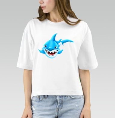 Жизнерадостный морской хищник мультяшная синяя акула Smiling Blue Shark, Футболка женская оверсайз Mido