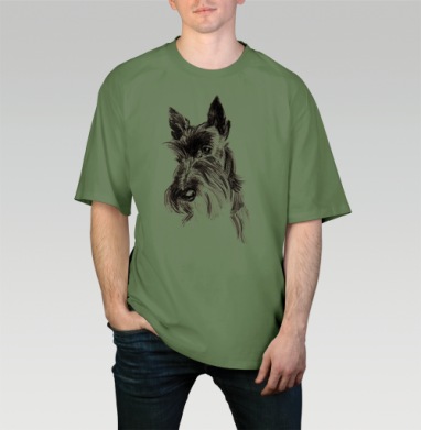 Scottish Terrier Шотландский терьер эскиз портрет черного пса, Футболка мужская оверсайз оливковая