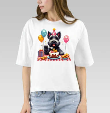 Маленький черный терьер отмечает первый юбилей Birthday Dog Party, Футболка женская оверсайз Mido