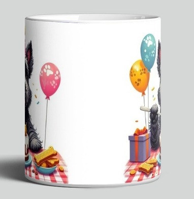 Маленький черный терьер отмечает первый юбилей Birthday Dog Party, Кружка c принтом керамическая