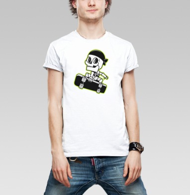 Скелет на скейтборде яркий молодежный активный стиль, Футболка мужская Base белая