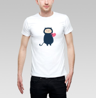Милый котик с розовым сердцем в kawaii стиле, Футболка мужская Base белая