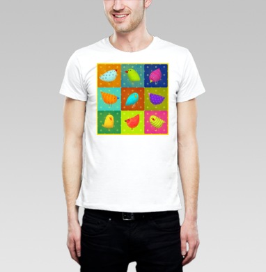 Яркие стилизованные птички в цветных зонах - Магазин футболок dilkka
