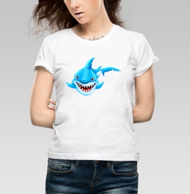 Жизнерадостный морской хищник мультяшная синяя акула Smiling Blue Shark, Футболка женская белая 180гр