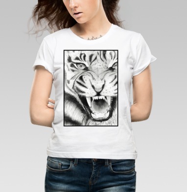 Сильный рычащий тигр агрессивная мощь и страх, Футболка женская белая 180гр