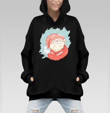 Милый зимний кот в красной шапке и шарфе - Hoodie Mono, черная, оверсайз, утепленная, страница 4
