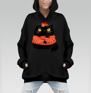 Кот и листик - Hoodie Mono, черная, оверсайз, утепленная, страница 3