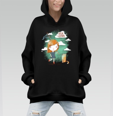 Детская иллюстрация «Поймай облака» с девочкой и котом - Hoodie Mono, черная, оверсайз, утепленная, страница 6