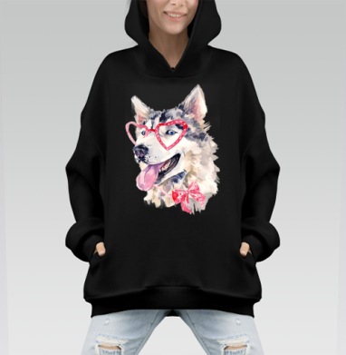 Акварельная картина Хаски в очках с бантом - Hoodie Mono, черная, оверсайз, утепленная, страница 4