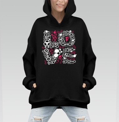 Слово ЛЮБОВЬ из гендерных символов на розовом фоне - Hoodie Mono, черная, оверсайз, утепленная, страница 7