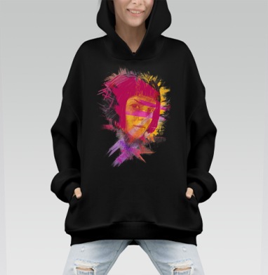 Портрет женщины с яркими мазками закрытыми глазами - Hoodie Mono, черная, оверсайз, утепленная, страница 6