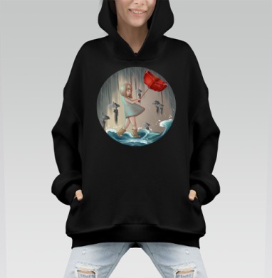 Девушка в бурю с ярким красным зонтом и жёлтыми сапогами - Hoodie Mono, черная, оверсайз, утепленная, страница 7