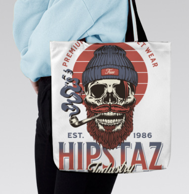 Череп хипстер с трубкой и бородой для одежды street wear, Сумка с ручкой и внутренним карманом на молнии