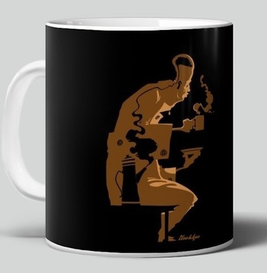 Caffeine mania/Кофеиномания минимализм ретро плакат с силуэтами бариста и чашки, Кружка c принтом керамическая