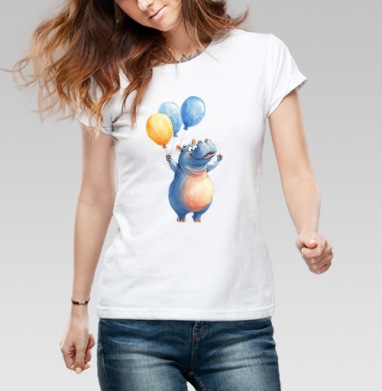 Watercolor Blue Hippo with Balloons / Акварельный бегемот с шариками, Футболка женская белая 180гр