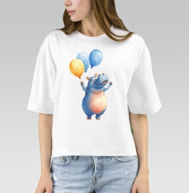Watercolor Blue Hippo with Balloons / Акварельный бегемот с шариками - Магазин футболок legaevis