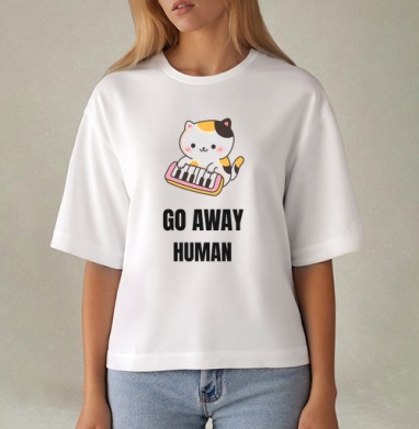 Мультяшный котёнок с синтезатором и надписью GO AWAY, Футболка женская оверсайз Mido