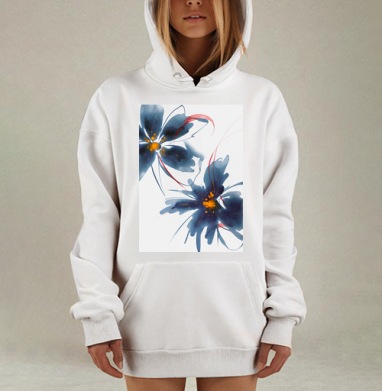 Темно синие цветы с оранжевым центром и красными акцентами на белом фоне, Hoodie Mjhigh Dig, оверсайз, утепленная